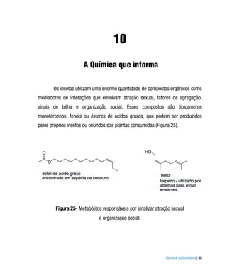 10
                      A Química que informa

       Os insetos utilizam uma enorme quantidade de compostos orgânicos como
mediadores de interações que envolvam atração sexual, fatores de agregação,
sinais de trilha e organização social. Esses compostos são tipicamente
monoterpenos, fenóis ou ésteres de ácidos graxos, que podem ser produzidos
pelos próprios insetos ou oriundos das plantas consumidas (Figura 25).




        Figura 25- Metabólitos responsáveis por sinalizar atração sexual
                              e organização social.




                                                               Química no Cotidiano | 55
 