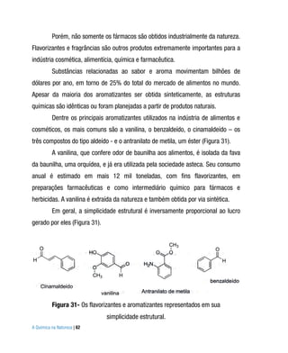 Porém, não somente os fármacos são obtidos industrialmente da natureza.
Flavorizantes e fragrâncias são outros produtos extremamente importantes para a
indústria cosmética, alimentícia, química e farmacêutica.
          Substâncias relacionadas ao sabor e aroma movimentam bilhões de
dólares por ano, em torno de 25% do total do mercado de alimentos no mundo.
Apesar da maioria dos aromatizantes ser obtida sinteticamente, as estruturas
químicas são idênticas ou foram planejadas a partir de produtos naturais.
          Dentre os principais aromatizantes utilizados na indústria de alimentos e
cosméticos, os mais comuns são a vanilina, o benzaldeído, o cinamaldeído – os
três compostos do tipo aldeído - e o antranilato de metila, um éster (Figura 31).
          A vanilina, que confere odor de baunilha aos alimentos, é isolada da fava
da baunilha, uma orquídea, e já era utilizada pela sociedade asteca. Seu consumo
anual é estimado em mais 12 mil toneladas, com fins flavorizantes, em
preparações farmacêuticas e como intermediário químico para fármacos e
herbicidas. A vanilina é extraída da natureza e também obtida por via sintética.
          Em geral, a simplicidade estrutural é inversamente proporcional ao lucro
gerado por eles (Figura 31).




          Figura 31- Os flavorizantes e aromatizantes representados em sua
                               simplicidade estrutural.
A Química na Natureza | 62
 