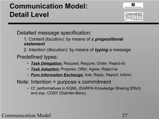 Communication Model:
   Detail Level

     Detailed message specification:
        1. Content (locution): by means of a propositional
        statement
        2. Intention (illocution): by means of typing a message
     Predefined types:
         – Task Delegation: Request; Require; Order; Reject-td
         – Task Adoption: Propose; Offer; Agree; Reject-ta
         – Pure Information Exchange: Ask; Reply; Report; Inform
     Note: Intention = purpose x commitment
         – Cf. performatives in KQML (DARPA Knowledge Sharing Effort)
           and esp. COSY (Daimler-Benz)




Communication Model                                        27
 
