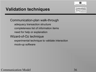 Validation techniques

     Communication-plan walk-through
        adequacy transaction structure
        completeness list of information items
        need for help or explanation
     Wizard-of-Oz technique
        experimental technique to validate interaction
        mock-up software




Communication Model                                      36
 
