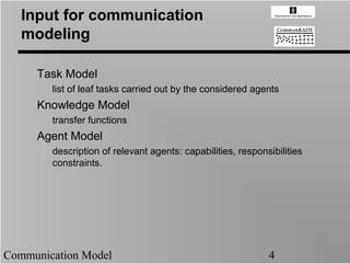 Input for communication
   modeling

     Task Model
        list of leaf tasks carried out by the considered agents
     Knowledge Model
        transfer functions
     Agent Model
        description of relevant agents: capabilities, responsibilities
        constraints.




Communication Model                                          4
 