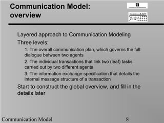 Communication Model:
   overview

     Layered approach to Communication Modeling
     Three levels:
        1. The overall communication plan, which governs the full
        dialogue between two agents
        2. The individual transactions that link two (leaf) tasks
        carried out by two different agents
        3. The information exchange specification that details the
        internal message structure of a transaction
     Start to construct the global overview, and fill in the
     details later



Communication Model                                       8
 