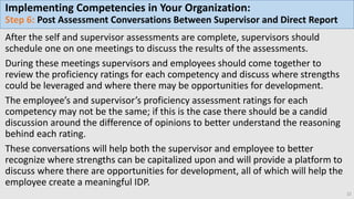 Implementing Competencies in Your Organization:
Step 6: Post Assessment Conversations Between Supervisor and Direct Report
After the self and supervisor assessments are complete, supervisors should
schedule one on one meetings to discuss the results of the assessments.
During these meetings supervisors and employees should come together to
review the proficiency ratings for each competency and discuss where strengths
could be leveraged and where there may be opportunities for development.
The employee’s and supervisor’s proficiency assessment ratings for each
competency may not be the same; if this is the case there should be a candid
discussion around the difference of opinions to better understand the reasoning
behind each rating.
These conversations will help both the supervisor and employee to better
recognize where strengths can be capitalized upon and will provide a platform to
discuss where there are opportunities for development, all of which will help the
employee create a meaningful IDP.
22
 