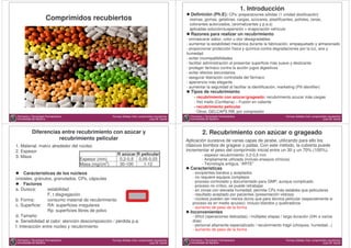 1. Introducción
                                                                                                   Definición (Ph.E): CPs: preparaciones sólidas (1 unidad dosificación)
                      Comprimidos recubiertos                                                     resinas, gomas, gelatinas, cargas, azúcares, plastificantes, polioles, ceras,
                                                                                                  colorantes autorizados, (aromatizantes y p.a.s)
                                                                                                  aplicadas solución/suspensión + evaporación vehículo
                                                                                                   Razones para realizar un recubrimiento
                                                                                                 - enmascarar sabor, color u olor desagradables
                                                                                                 - aumentar la estabilidad mecánica durante la fabricación, empaquetado y almacenado
                                                                                                 - proporcionar protección física y química contra degradaciones por la luz, aire y
                                                                                                 humedad
                                                                                                 - evitar incompatibilidades
                                                                                                 - facilitar administración al presentar superficie más suave y deslizante
                                                                                                 - proteger fármaco contra la acción jugos digestivos
                                                                                                 - evitar efectos secundarios
                                                                                                 - asegurar liberación controlada del fármaco
                                                                                                 - apariencia más elegante
                                                                                                 - aumentar la seguridad al facilitar la identificación; marketing (Pill identifier)
                                                                                                   Tipos de recubrimiento
                                                                                                     - recubrimiento con azúcar/grageado: recubrimiento azucar más cargas
                                                                                                     - Hot melts (Confitería) – Fusión en caliente
                                                                                                     - recubrimiento pelicular
                                                                                                     - Otros: GELCAPS R®, por compresión
Farmacia y Tecnología Farmacéutica                Formas Sólidas Oral: comprimidos recubiertos     Farmacia y Tecnología Farmacéutica                      Formas Sólidas Oral: comprimidos recubiertos
Universidad de Navarra                                                         Juan M. Irache      Universidad de Navarra                                                               Juan M. Irache




           Diferencias entre recubrimiento con azúcar y                                                     2. Recubrimiento con azúcar o grageado
                      recubrimiento pelicular                                                    Aplicación sucesiva de varias capas de jarabe, utilizando para ello los
1. Material: matriz alrededor del núcleo                                                         clásicos bombos de gragear o pailas. Con este método, la cubierta puede
2. Espesor                                                                                       incrementar el peso del comprimido inicial entre un 30 y un 70% (100%).
                                                      R azúcar R pelicular                                 - espesor recubrimiento: 0,2-0,5 mm
3. Masa
                                  Espesor (mm)         0,2-0,5 0,05-0,03                                   - Ampliamente utilizada (incluso ensayos clínicos)
                                  Masa (mg/cm2)        30-100     1-12                                     - Tecnología antigua, “ARTE”
                                                                                                   Características
     Carácterísticas de los núcleos                                                                 - excipientes baratos y aceptados
cristales, gránulos, granulados, CPs, cápsulas                                                      - no requiere equipos complejos
                                                                                                    - proceso controlado y documentado para GMP; aunque complicado
     Factores                                                                                       - proceso no crítico, se puede retrabajar
a. Dureza:       estabilidad                                                                        - en zonas con elevada humedad, permite CPs más estables que peliculares
                 F, t disgregación                                                                  - resultado aceptado por pacientes (presentación vistosa)
b. Forma:        consumo material de recubrimiento                                                  - núcleos pueden ser menos duros que para técnica pelicular (especialmente si
                                                                                                    proceso es en medio acuoso): incluso blandos y quebradizos
c. Superficie: RA: superficies irregulares                                                          - aumento de peso de la forma
                 Rp: superficies libres de polvo                                                   Inconvenientes
d. Tamaño                                                                                           - difícil (operaciones delicadas) / múltiples etapas / larga duración (24h a varios
e. Sensibilidad al calor: atención descomposición / pérdida p.a.                                    días)
f. Interacción entre núcleo y recubrimiento                                                         - personal altamente especializado / recubrimiento frágil (choques, humedad...)
                                                                                                    - aumento de peso de la forma

Farmacia y Tecnología Farmacéutica                Formas Sólidas Oral: comprimidos recubiertos     Farmacia y Tecnología Farmacéutica                      Formas Sólidas Oral: comprimidos recubiertos
Universidad de Navarra                                                         Juan M. Irache      Universidad de Navarra                                                               Juan M. Irache
 