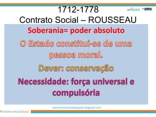 1712-1778
Contrato Social – ROUSSEAU
 Soberania= poder absoluto




       www.hernandoadvogado.blogspot.com
                                           45
 