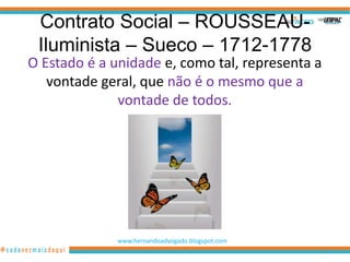 Contrato Social – ROUSSEAU-
 Iluminista – Sueco – 1712-1778
O Estado é a unidade e, como tal, representa a
   vontade geral, que não é o mesmo que a
              vontade de todos.




              www.hernandoadvogado.blogspot.com
                                                  67
 