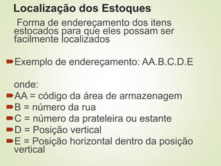Localização dos Estoques
Forma de endereçamento dos itens
estocados para que eles possam ser
facilmente localizados
Exemplo de endereçamento: AA.B.C.D.E
onde:
AA = código da área de armazenagem
B = número da rua
C = número da prateleira ou estante
D = Posição vertical
E = Posição horizontal dentro da posição
vertical
 