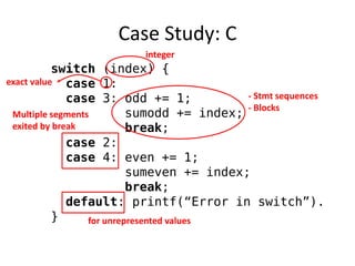 Case Study: C 
switch (index) { 
case 1: 
case 3: odd += 1; 
sumodd += index; 
break; 
case 2: 
case 4: even += 1; 
sumeven += index; 
break; 
default: printf(“Error in switch”). 
} 
integer 
- Stmt sequences - Blocks 
Multiple segments 
exited by break 
for unrepresented values 
exact value  