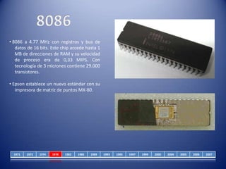  Brian Kernighan y Dennis Ritchie	crean 	el lenguaje de programación C . 8086 8086 a 4.77 MHz con registros y bus de 	datos de 16 bits. Este chip accede hasta 1 	MB de direcciones de RAM y su velocidad 	de proceso era de 0,33 MIPS. Con 	tecnología de 3 micrones contiene 29.000 	transistores. 