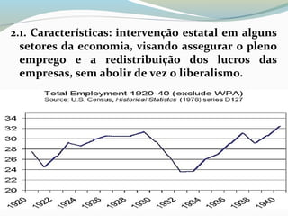 2.1. Características: intervenção estatal em alguns
setores da economia, visando assegurar o pleno
emprego e a redistribuição dos lucros das
empresas, sem abolir de vez o liberalismo.
 