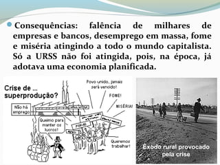 Consequências: falência de milhares de
empresas e bancos, desemprego em massa, fome
e miséria atingindo a todo o mundo capitalista.
Só a URSS não foi atingida, pois, na época, já
adotava uma economia planificada.
Êxodo rural provocado
pela crise
 