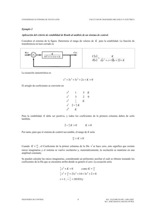 UNIVERSIDAD AUTÓNOMA DE NUEVO LEÓN FACULTAD DE INGENIERÍA MECÁNICA Y ELÉCTRICA
INGENIERÍA DE CONTROL 4 M.C. ELIZABETH GPE. LARA HDZ.
M.C. JOSÉ MANUEL ROCHA NÚÑEZ
Ejemplo 2
Aplicación del criterio de estabilidad de Routh al análisis de un sistema de control.
Considere el sistema de la figura. Determine el rango de valores de K para la estabilidad. La función de
transferencia en lazo cerrado es
( )
( ) ( )( ) Kssss
K
sR
sC
++++
=
212
La ecuación característica es
0233 234
=++++ Kssss
El arreglo de coeficientes se convierte en
Ks
Ks
Ks
s
Ks
0
7
91
3
72
3
4
2
023
31
−
Para la estabilidad, K debe ser positiva, y todos los coeficientes de la primera columna deben de serlo
también.
002 7
9
>>− KK
Por tanto, para que el sistema de control sea estable, el rango de K sería
09
14 >> K
Cuando 9
14
=K , el Coeficiente de la primer columna de la fila 1
s se hace cero, esto significa que existen
raíces imaginarias y el sistema se vuelve oscilatorio y, matemáticamente, la oscilación se mantiene en una
amplitud constante.
Se pueden calcular las raíces imaginarias, considerando un polinomio auxiliar el cuál se obtiene tomando los
coeficientes de la fila que se encuentra arriba donde se generó el cero. La ecuación sería
js
sss
KcomoKs
816.0
0231421
0
3
2
22
9
142
3
7
9
142
3
7
±=−±=
=+=+=+
==+
 