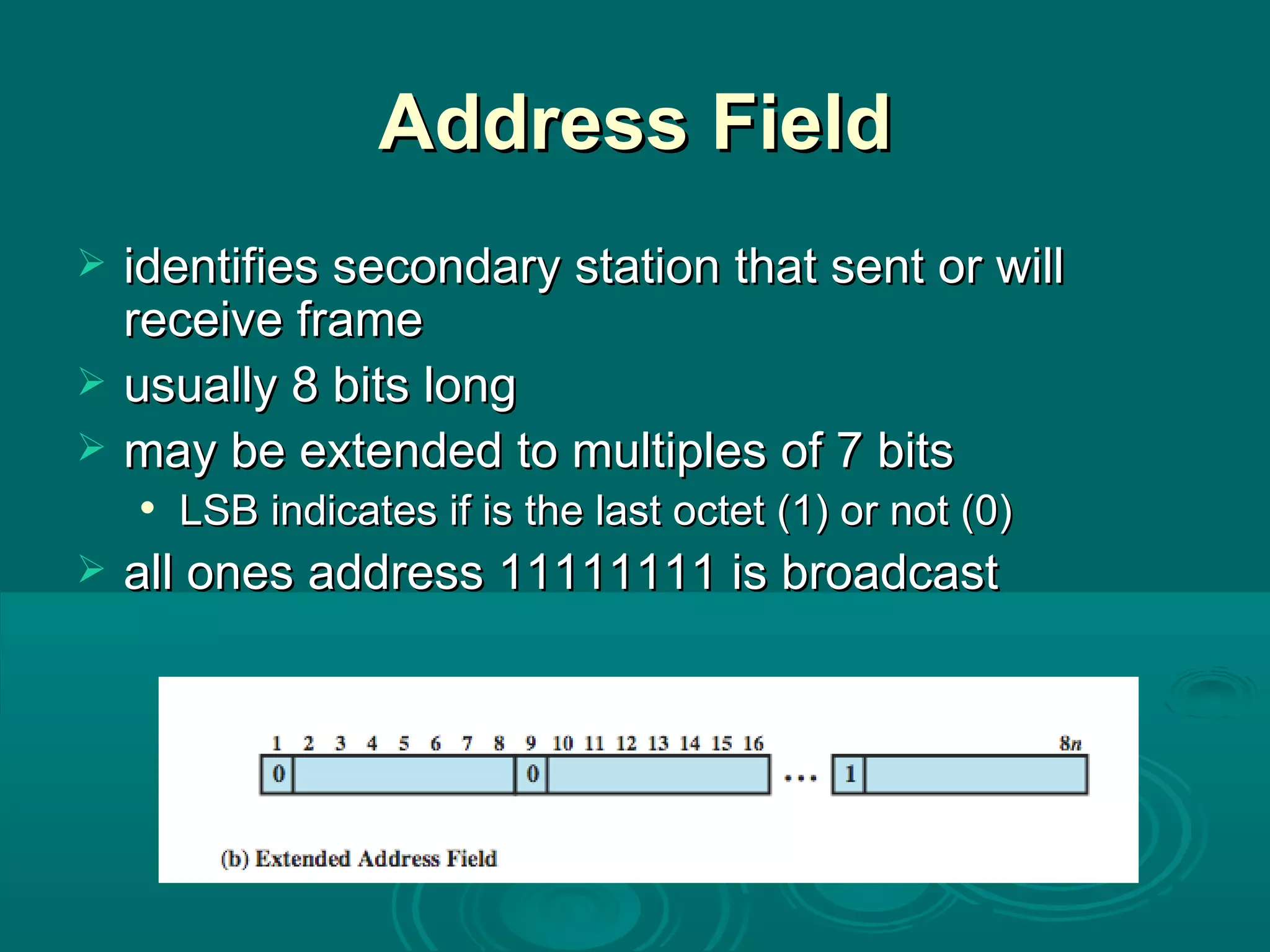 Address Field identifies secondary station that sent or will receive frame usually 8 bits long may be extended to multiples of 7 bits LSB indicates if is the last octet (1) or not (0) all ones address 11111111 is broadcast 