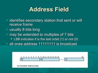 Address FieldAddress Field
 identifies secondary station that sent or willidentifies secondary station that sent or will
receive framereceive frame
 usually 8 bits longusually 8 bits long
 may be extended to multiples of 7 bitsmay be extended to multiples of 7 bits

LSB indicates if is the last octet (1) or not (0)LSB indicates if is the last octet (1) or not (0)
 all ones address 11111111 is broadcastall ones address 11111111 is broadcast
 