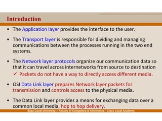 Suez Canal University – Faculty of Computers & Informatics - Cisco Local Academy
Introduction
• The Application layer provides the interface to the user.
• The Transport layer is responsible for dividing and managing
communications between the processes running in the two end
systems.
• The Network layer protocols organize our communication data so
that it can travel across internetworks from source to destination
 Packets do not have a way to directly access different media.
• OSI Data Link layer prepares Network layer packets for
transmission and controls access to the physical media.
• The Data Link layer provides a means for exchanging data over a
common local media, hop to hop delivery.
 