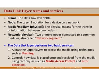 Suez Canal University – Faculty of Computers & Informatics - Cisco Local Academy
Data Link Layer terms and services
• Frame: The Data Link layer PDU.
• Node: The Layer 2 notation for a device on a network.
• Media/medium (physical): The physical means for the transfer
of information between two nodes.
• Network (physical): Two or more nodes connected to a common
medium, also called “Network segment”.
• The Data Link layer performs two basic services:
1. Allows the upper layers to access the media using techniques
such as Framing.
2. Controls how data is placed onto and received from the media
using techniques such as Media Access Control and error
detection.
 