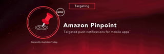 NEW
Targeting
Targeted push notifications for mobile apps
Amazon Pinpoint
Generally Available Today
 
