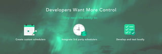 They need the ability to:
Create custom schedulers Integrate 3rd party schedulers Develop and test locally
Developers Want More Control
 