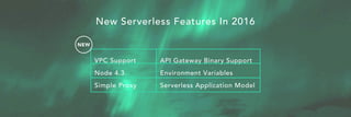 VPC Support
Node 4.3
Simple Proxy
API Gateway Binary Support
Environment Variables
Serverless Application Model
NEW
New Serverless Features In 2016
 