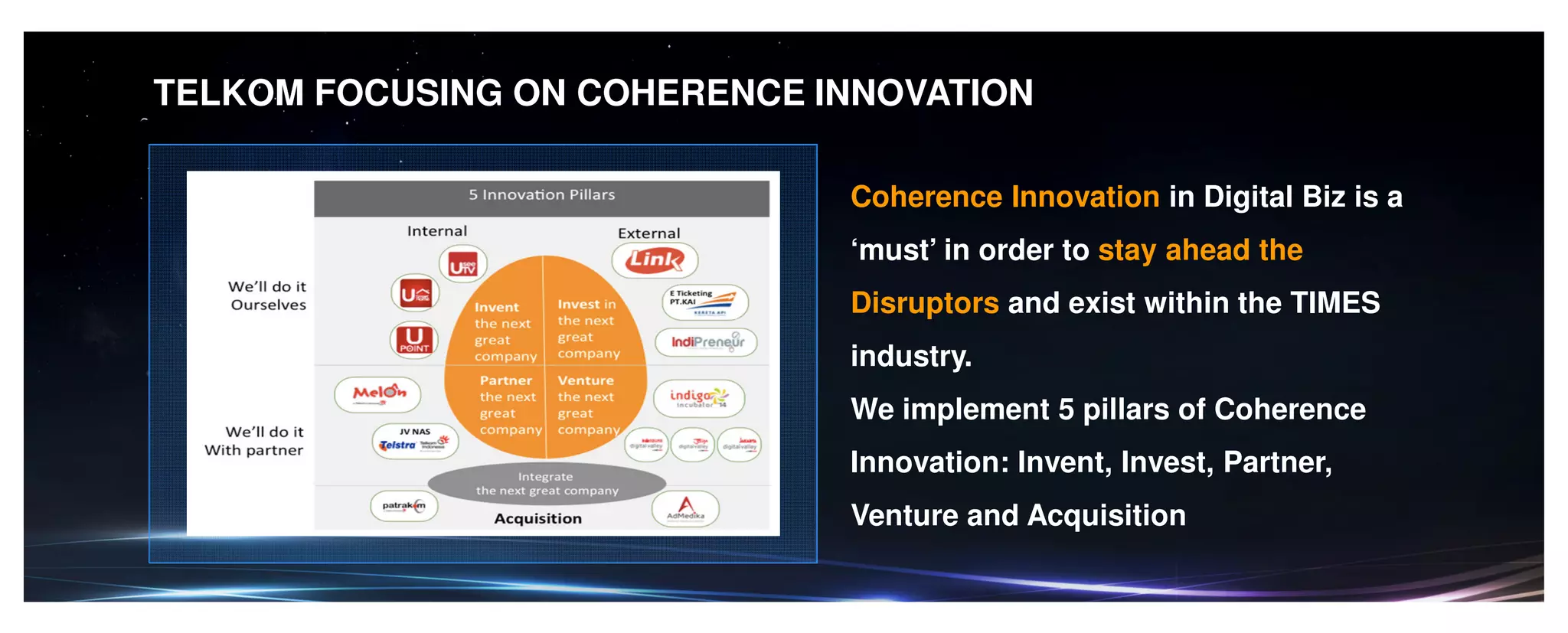 TELKOM FOCUSING ON COHERENCE INNOVATION
Coherence Innovation in Digital Biz is a
‘must’ in order to stay ahead the
Disruptors and exist within the TIMES
industry.
We implement 5 pillars of Coherence
Innovation: Invent, Invest, Partner,
Venture and Acquisition
 
