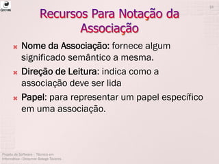  Nome da Associação: fornece algum
significado semântico a mesma.
 Direção de Leitura: indica como a
associação deve ser lida
 Papel: para representar um papel específico
em uma associação.
Projeto de Software - Técnico em
Informática - Deisymar Botega Tavares
18
 