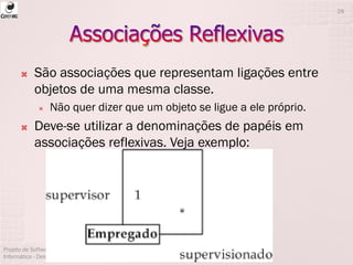  São associações que representam ligações entre
objetos de uma mesma classe.
 Não quer dizer que um objeto se ligue a ele próprio.
 Deve-se utilizar a denominações de papéis em
associações reflexivas. Veja exemplo:
Projeto de Software - Técnico em
Informática - Deisymar Botega Tavares
28
 