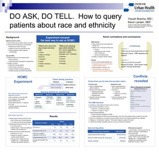 DO ASK, DO TELL.  How to query patients about race and ethnicity Yiscah Bracha, MS 1 ; Kevin Larsen, MD 2 1 Center for Urban Health, Minneapolis Medical Research Foundation and University of Minnesota,  2 Hennepin County Medical Center.  ,[object Object],[object Object],[object Object],[object Object],[object Object],[object Object],[object Object],[object Object],[object Object],[object Object],[object Object],[object Object],[object Object],[object Object],[object Object],[object Object],Experiment showed  the best way to ask at HCMC: ,[object Object],[object Object],[object Object],[object Object],[object Object],[object Object],Results ,[object Object],[object Object],[object Object],[object Object],[object Object],[object Object],[object Object],Researchers use the data that providers obtain: ,[object Object],[object Object],[object Object],[object Object],[object Object],[object Object],[object Object],[object Object],[object Object],[object Object],[object Object],[object Object],[object Object],[object Object],[object Object],[object Object],[object Object],[object Object],[object Object],[object Object],[object Object],[object Object],[object Object],[object Object],[object Object],[object Object],[object Object],[object Object],[object Object],[object Object],[object Object],[object Object],[object Object],[object Object],[object Object],Some ruminations and conclusions: ,[object Object],[object Object],[object Object],[object Object],[object Object],[object Object],[object Object],[object Object],[object Object],What worked, what didn’t: HCMC Experiment ,[object Object],[object Object],[object Object],[object Object],[object Object],[object Object],[object Object],[object Object],[object Object],[object Object],[object Object],Conflicts revealed Data and disparities: ,[object Object],[object Object],[object Object],[object Object],[object Object],[object Object],[object Object],[object Object],A PROPOSAL Question 1:   “ What race do most people think you are?” Response choices:  OMB categories plus Hispanic Question 2:   “ How do you think of yourself?” Response choices:  Open-ended, locally specific, evolving dynamically Patient identity questions Marital status Race or ethnicity  Religious preference Race or ethnicity Language(s) Birthplace Querying methods for race/ethnicity 1. Race? (OMB list + Hispanic) 2. Ethnicity? (Open-ended) Method Three 1. Race? (OMB list +  White Hispanic  Black Hispanic) 2. Ethnicity? (Open-ended) Method Four 1. Ethnicity? (Open-ended) 2. Race? (OMB list) 1. Hispanic?  (y/n) 2. Race? (OMB list) 3. Ethnicity? (Open-ended)   Method Two Method One 92.3 94.9 100.0 85.5 Answered ethnicity Q (%) 1.2 1.0 0.9 1.1 Average administration time (mins) 2.6 0.0 3.6 21.1 No answer to race Q (%) 92.3 100.0 87.5 78.9 Chose from available responses to race Q (%) Four Three Two One 39 59 56 76 Interviews (n) Method Outcomes of Interest Self-identity Behavior & beliefs shared with cultural group Biological Biology, physiology Ascribed identity Adverse discrimination by others Data required Source of adverse disparities 