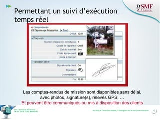 Permettant un suivi d’exécution
temps réel

Les comptes-rendus de mission sont disponibles sans délai,
avec photos, signature(s), relevés GPS, …
Et peuvent être communiqués ou mis à disposition des clients
Vers l’harmonie des Services
26 nov. 2013 – Cœur Défense 92

Au-delà de l’interface mobile, l’émergence de la real time enterprise

17

 