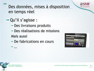 Des données, mises à disposition
en temps réel
Qu’il s’agisse :
Des livraisons produits
Des réalisations de missions
Mais aussi
De fabrications en cours
…

Vers l’harmonie des Services
26 nov. 2013 – Cœur Défense 92

Au-delà de l’interface mobile, l’émergence de la real time enterprise

20

 