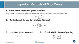 Dr. Naveed Anwar
29
Important Outputs of M-φ Curve
6. Slope of the section at given Moment
M-𝜙 curve can also be used to determine rotation at any point in a member.
𝜃 =
𝑎
𝑏
𝑀
𝐸𝐼
𝑑𝑥
7. Deflection of the section at given Moment
Δ =
𝑎
𝑏
𝑀
𝐸𝐼
𝑥 𝑑𝑥
8. Strain at given Moment
ε = 𝜙𝑐
9. Crack Width at given Spacing
𝑊 = 𝜀 𝑠 . 𝑋
𝑊 = 𝜙 𝑦 . 𝑋
 