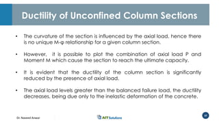 Dr. Naveed Anwar
37
Ductility of Unconfined Column Sections
• The curvature of the section is influenced by the axial load, hence there
is no unique M-φ relationship for a given column section.
• However, it is possible to plot the combination of axial load P and
Moment M which cause the section to reach the ultimate capacity.
• It is evident that the ductility of the column section is significantly
reduced by the presence of axial load.
• The axial load levels greater than the balanced failure load, the ductility
decreases, being due only to the inelastic deformation of the concrete.
 