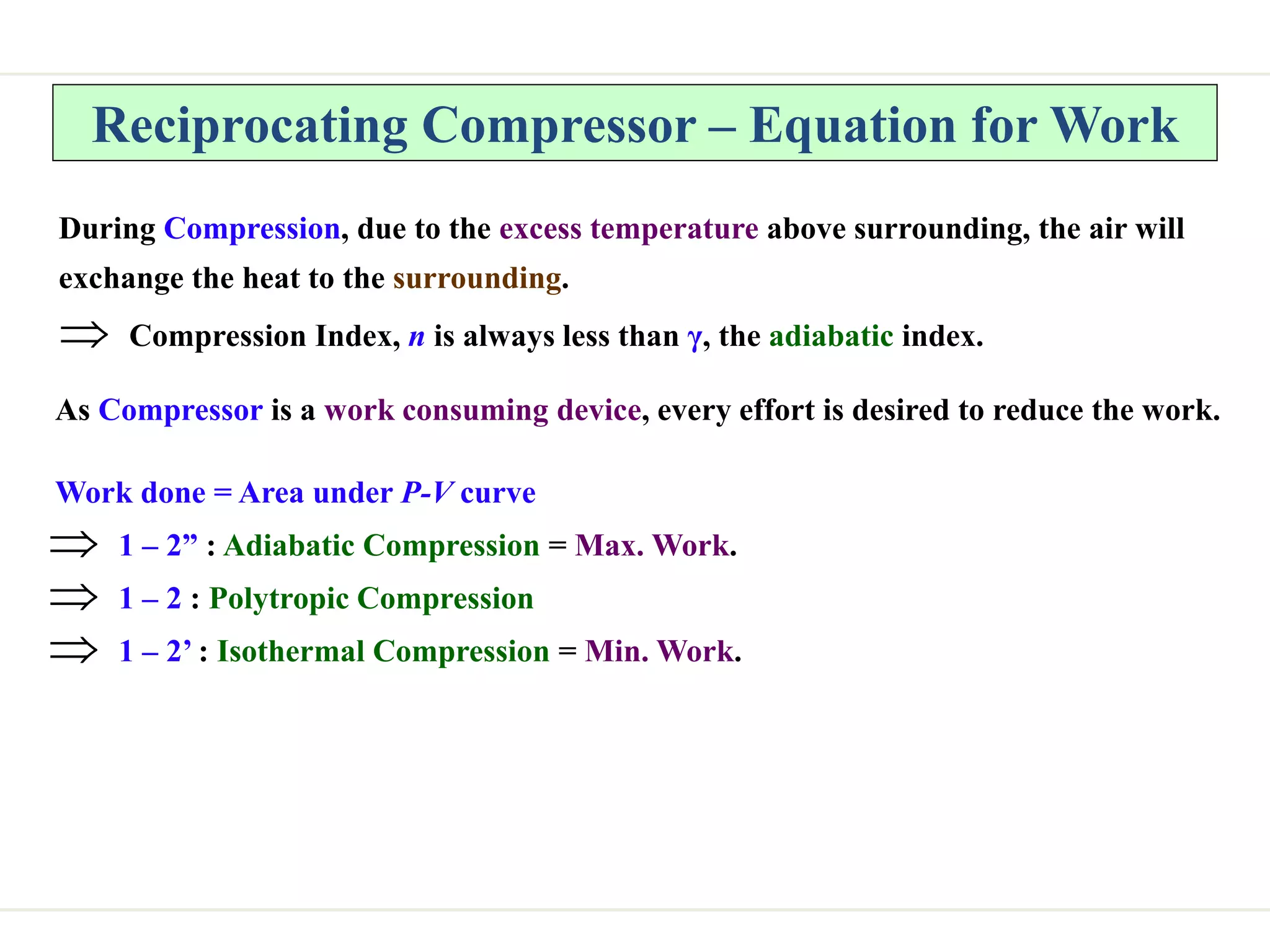Reciprocating Compressor – Equation for Work
During Compression, due to the excess temperature above surrounding, the air will
exchange the heat to the surrounding.
 Compression Index, n is always less than γ, the adiabatic index.
As Compressor is a work consuming device, every effort is desired to reduce the work.
Work done = Area under P-V curve
 1 – 2” : Adiabatic Compression = Max. Work.
 1 – 2 : Polytropic Compression
 1 – 2’ : Isothermal Compression = Min. Work.
 