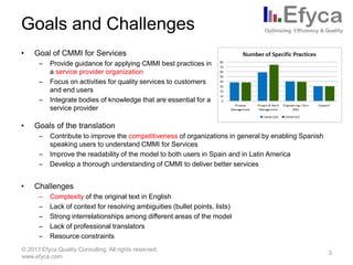 Goals and Challenges
•

Goal of CMMI for Services
–
–
–

•

Goals of the translation
–
–
–

•

Provide guidance for applying CMMI best practices in
a service provider organization
Focus on activities for quality services to customers
and end users
Integrate bodies of knowledge that are essential for a
service provider

Contribute to improve the competitiveness of organizations in general by enabling Spanish
speaking users to understand CMMI for Services
Improve the readability of the model to both users in Spain and in Latin America
Develop a thorough understanding of CMMI to deliver better services

Challenges
–
–
–
–
–

Complexity of the original text in English
Lack of context for resolving ambiguities (bullet points, lists)
Strong interrelationships among different areas of the model
Lack of professional translators
Resource constraints

© 2013 Efyca Quality Consulting. All rights reserved.
www.efyca.com

3

 