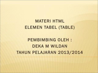 MATERI HTML
ELEMEN TABEL (TABLE)
PEMBIMBING OLEH :
DEKA M WILDAN
TAHUN PELAJARAN 2013/2014

 