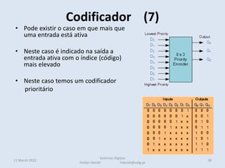 • Pode existir o caso em que mais que
uma entrada está ativa
• Neste caso é indicado na saída a
entrada ativa com o índice (código)
mais elevado
• Neste caso temos um codificador
prioritário
Codificador (7)
11 March 2022 28
Sistemas Digitais
Helder Daniel hdaniel@ualg.pt
 