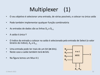 Multiplexer (1)
• O seu objetivo é selecionar uma entrada, de várias possíveis, e colocar na única saída
• Pode também implementar qualquer função combinatória
• As entradas de dados são as linhas D0 a Dk-1
• A saída é única Y
• O índice da entrada a colocar na saída é selecionada pela entrada de Select (o valor
binário do índice), A0 a Ak-1
• Uma entrada pode ter mais de um bit (m bits).
• Neste caso a saída também terá m bits
• Na figura temos um Mux 4:1
11 March 2022 32
 