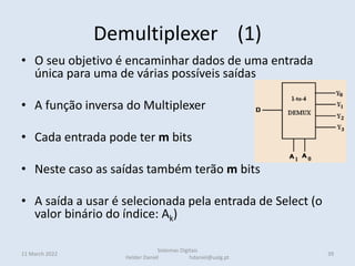 • O seu objetivo é encaminhar dados de uma entrada
única para uma de várias possíveis saídas
• A função inversa do Multiplexer
• Cada entrada pode ter m bits
• Neste caso as saídas também terão m bits
• A saída a usar é selecionada pela entrada de Select (o
valor binário do índice: Ak)
Demultiplexer (1)
11 March 2022
Sistemas Digitais
Helder Daniel hdaniel@ualg.pt
39
 