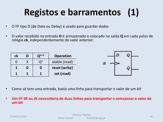 Registos e barramentos (1)
• O FF tipo D (de Data ou Delay) é usado para guardar dados
• O valor recebido na entrada D é armazenado e colocado na saída Q em cada pulso de
relógio ck, independentemente do valor anterior:
• Como só tem uma entrada, basta uma linha para transportar o valor de um bit
• Um FF SR ou JK necessitaria de duas linhas para transportar e armazenar o valor de
um bit
.
11 March 2022 41
Sistemas Digitais
Helder Daniel hdaniel@ualg.pt
ck D Qn+1 Operation
0 X Qn stable (read)
1 0 0 reset (write)
1 1 1 set (read)
 