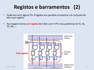 11 March 2022
Sistemas Digitais
Helder Daniel hdaniel@ualg.pt
• Podemos com alguns FFs D ligados em paralelo armazenar um conjunto de
bits num registo
• Na imagem temos um registo de 4 bits com 4 FFs mas podíamos ter 8, 16,
32, 64, …
Registos e barramentos (2)
42
4 bit register
 