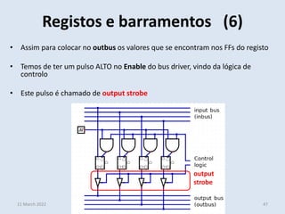 11 March 2022
• Assim para colocar no outbus os valores que se encontram nos FFs do registo
• Temos de ter um pulso ALTO no Enable do bus driver, vindo da lógica de
controlo
• Este pulso é chamado de output strobe
Registos e barramentos (6)
47
output
strobe
 