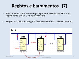 11 March 2022
• Para copiar os dados de um registo para outro coloca-se RE = 1 no
registo fonte e WE = 1 no registo destino
• No próximo pulso de relógio é feita a transferência pelo barramento
Registos e barramentos (7)
51
Sistemas Digitais
Helder Daniel hdaniel@ualg.pt
1 -----
1 -----
X X
 