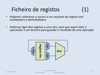 Ficheiro de registos (1)
• Podemos selecionar o acesso a um conjunto de registo com
multiplexers e demultiplexers
• Podemos ligar dois registos a uma ALU, para que sejam lidos 2
operandos e um terceiro para guardar o resultado de uma operação
11 March 2022
Sistemas Digitais
Helder Daniel hdaniel@ualg.pt
53
Register
file
ALU
mux
mux
demx
 
