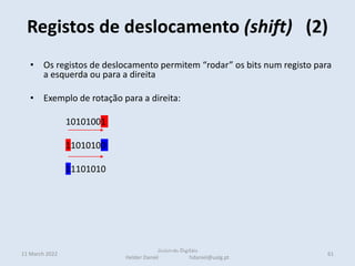 Registos de deslocamento (shift) (2)
11 March 2022 61
Sistemas Digitais
Helder Daniel hdaniel@ualg.pt
• Os registos de deslocamento permitem “rodar” os bits num registo para
a esquerda ou para a direita
• Exemplo de rotação para a direita:
10101001
11010100
11101010
• O bit à direita é perdido a não ser que seja guardado noutro lugar (para
ser enviado por um porto série por exemplo)
• O bit à esquerda pode ser preenchido com um valor por defeito: 1 ou 0
ou com o valor do bit mais à direita
(neste caso a operação por vezes é chamada rotação ou rotate)
 