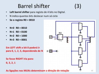 Barrel shifter (3)
• Left barrel shifter para registo de 4 bits no Digital.
• N indica quantos bits deslocar num só ciclo
• Se o registo R0 = 0010
• N=0 R0 = 0010
• N=1 R0 = 0100
• N=2 R0 = 1000
• N=3 R0 = 0001
Em LEFT shift o bit 0 poderá ir
para 0, 1, 2, 3, dependendo de N
Se fosse RIGHT iria para:
0, 3, 2, 1
As ligações nos MUXs determinam a direção de rotação 82
 