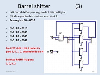 Barrel shifter (3)
• Left barrel shifter para registo de 4 bits no Digital.
• N indica quantos bits deslocar num só ciclo
• Se o registo R0 = 0010
• N=0 R0 = 0010
• N=1 R0 = 0100
• N=2 R0 = 1000
• N=3 R0 = 0001
Em LEFT shift o bit 1 poderá ir
para 3, 0, 1, 2, dependendo de N
Se fosse RIGHT iria para:
1, 0, 3, 2
11 March 2022 83
 