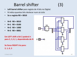 Barrel shifter (3)
• Left barrel shifter para registo de 4 bits no Digital.
• N indica quantos bits deslocar num só ciclo
• Se o registo R0 = 0010
• N=0 R0 = 0010
• N=1 R0 = 0100
• N=2 R0 = 1000
• N=3 R0 = 0001
Em LEFT shift o bit 2 poderá ir
para 2, 3, 0, 1, dependendo de N
Se fosse RIGHT iria para:
2, 1, 0, 3
11 March 2022 84
 