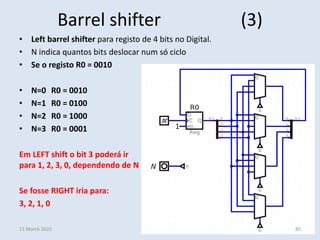 Barrel shifter (3)
• Left barrel shifter para registo de 4 bits no Digital.
• N indica quantos bits deslocar num só ciclo
• Se o registo R0 = 0010
• N=0 R0 = 0010
• N=1 R0 = 0100
• N=2 R0 = 1000
• N=3 R0 = 0001
Em LEFT shift o bit 3 poderá ir
para 1, 2, 3, 0, dependendo de N
Se fosse RIGHT iria para:
3, 2, 1, 0
11 March 2022 85
 