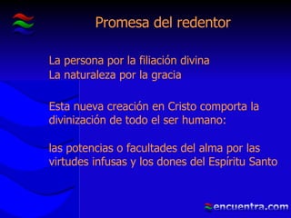 Promesa del redentor La persona por la filiación divina La naturaleza por la gracia Esta nueva creación en Cristo comporta la divinización de todo el ser humano: las potencias o facultades del alma por las virtudes infusas y los dones del Espíritu Santo 