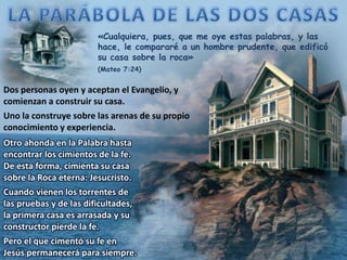 «Cualquiera, pues, que me oye estas palabras, y las
hace, le compararé a un hombre prudente, que edificó
su casa sobre la roca»
(Mateo 7:24)
Dos personas oyen y aceptan el Evangelio, y
comienzan a construir su casa.
Uno la construye sobre las arenas de su propio
conocimiento y experiencia.
Otro ahonda en la Palabra hasta
encontrar los cimientos de la fe.
De esta forma, cimienta su casa
sobre la Roca eterna: Jesucristo.
Cuando vienen los torrentes de
las pruebas y de las dificultades,
la primera casa es arrasada y su
constructor pierde la fe.
Pero el que cimentó su fe en
Jesús permanecerá para siempre.
 