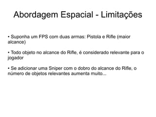Abordagem Espacial - Limitações
● Suponha um FPS com duas armas: Pistola e Rifle (maior
alcance)
● Todo objeto no alcance do Rifle, é considerado relevante para o
jogador
● Se adicionar uma Sniper com o dobro do alcance do Rifle, o
número de objetos relevantes aumenta muito...
 